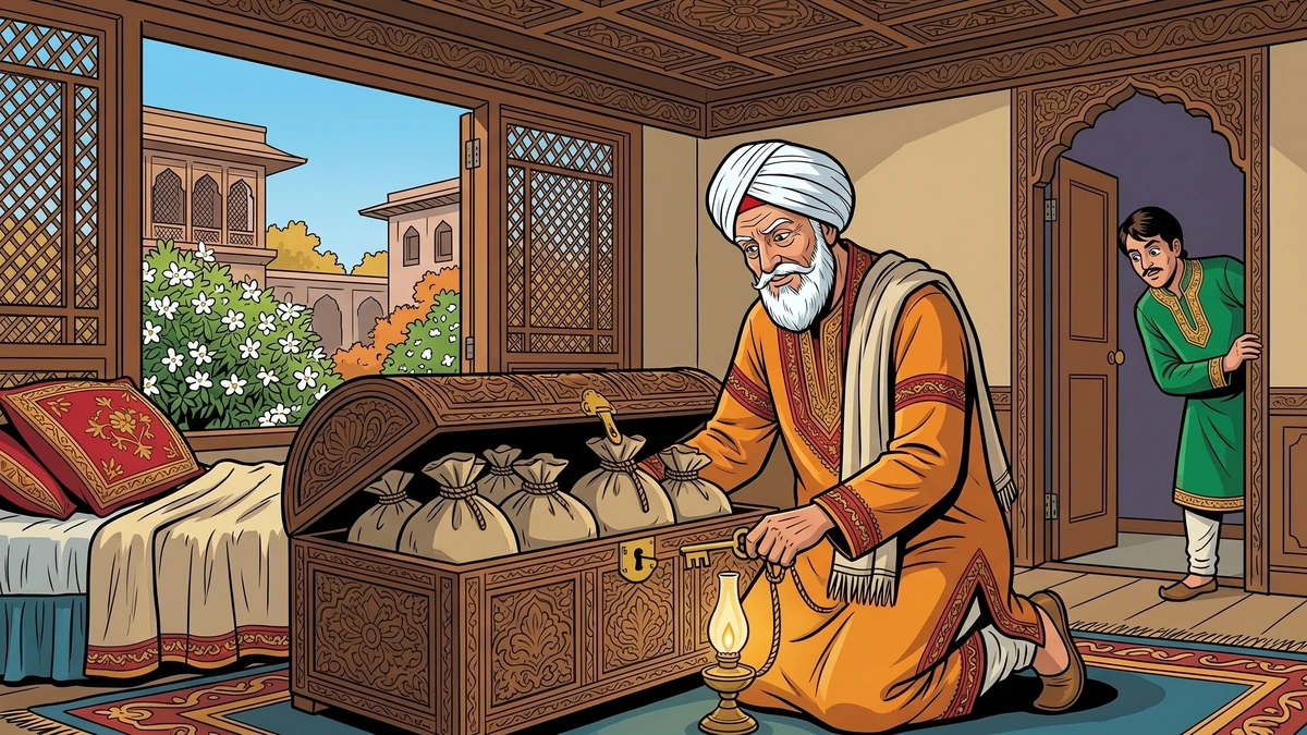 Old Kashmiri father locks the four canvas bags into a walnut chest, ACK style — the friend's stratagem
