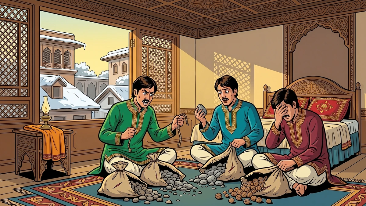 Three wicked sons sit stunned around four cut-open bags spilling river-stones, ACK style — the discovery of the stones