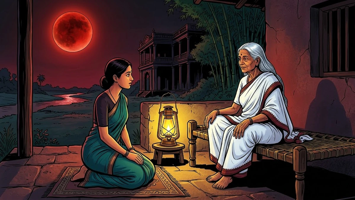 Jwaala Ghat — Shuddhi and Mallamma on the porch under the eclipsed red moon