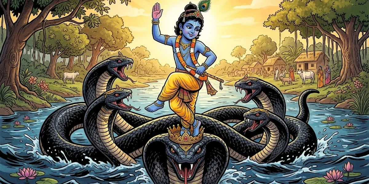 Kaliya Daman — Krishna stands triumphantly on the central hood of Kaliya the multi-headed serpent — Vrindavan riverbank with kadamba trees, bright Indian sky — vibrant Amar Chitra Katha style