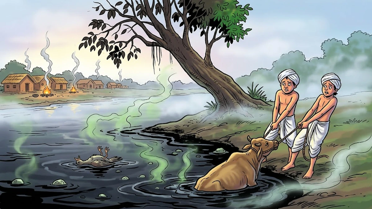 Kaliya Daman — the poisoned bend of the Yamuna at dawn (Vrindavan cowherds discover the dying river)
