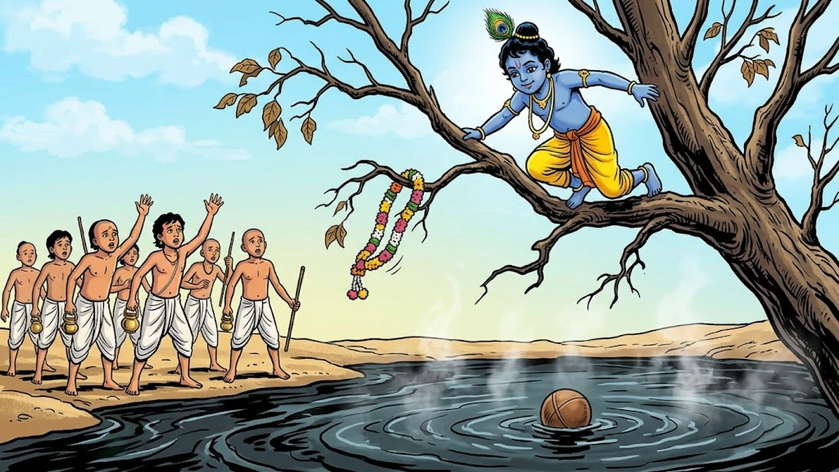 Kaliya Daman — young Krishna leaps from the dead kadamba into the forbidden pool