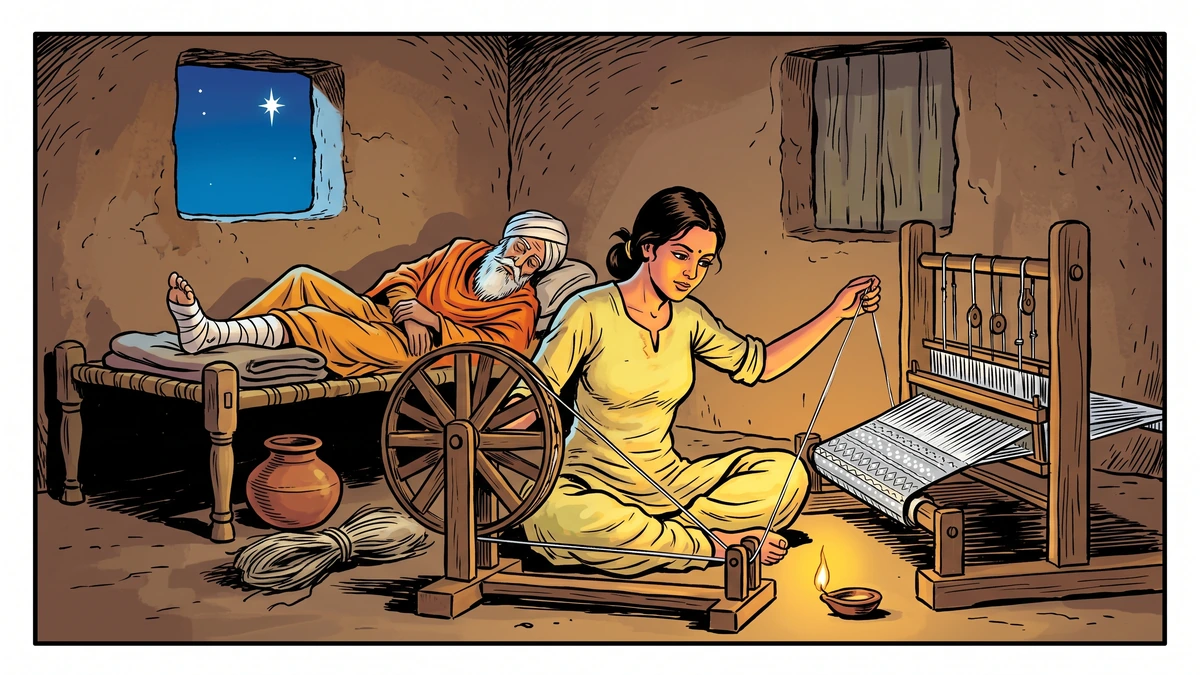Imani spinning by lamplight in the fakir's hut