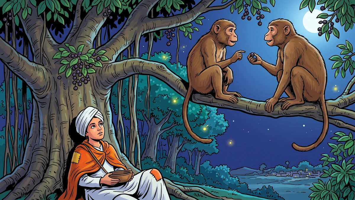 Imani disguised as a fakir, listening to the monkeys in the banyan tree