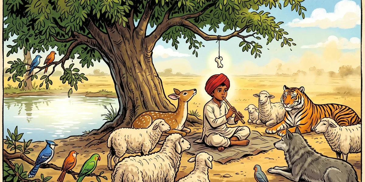 Punjabi shepherd boy beneath a ban tree by a milken pond, surrounded by listening sheep, doe, tigress, wolf and birds — Little Anklebone, Tales of the Punjab, Flora Annie Steel 1894