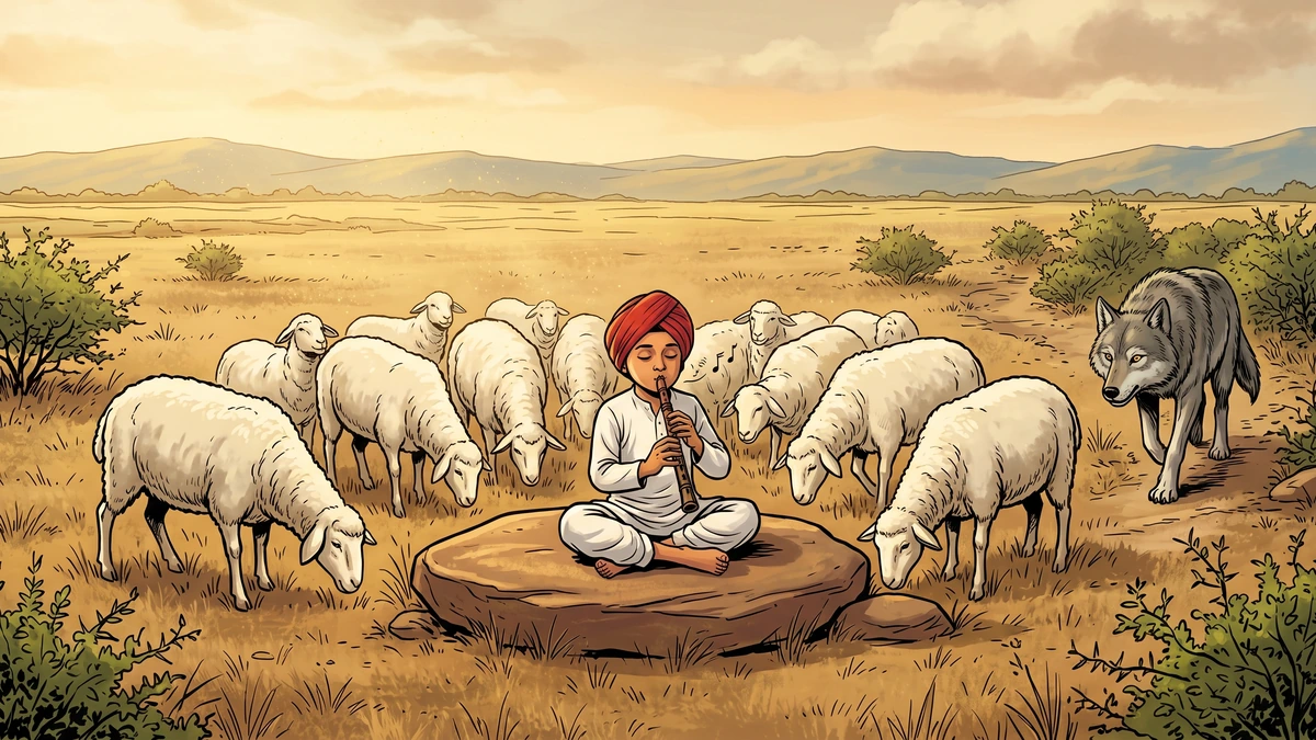 A small Punjabi shepherd boy in red turban plays a reed pipe to his flock as a grey wolf approaches on the open Bâr plain — Little Anklebone, Tales of the Punjab