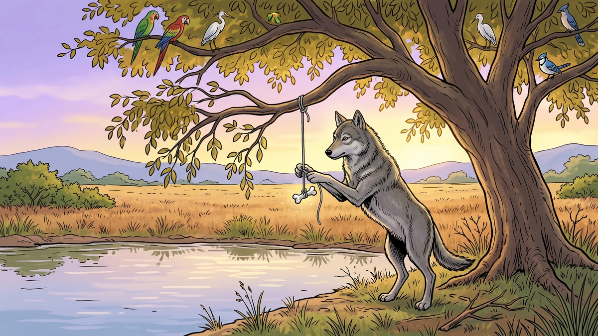 A great grey wolf carefully ties a small white anklebone by a string to the lowest branch of a drooping ban tree (Salvadora oleoides) beside a still pond — Little Anklebone, Tales of the Punjab