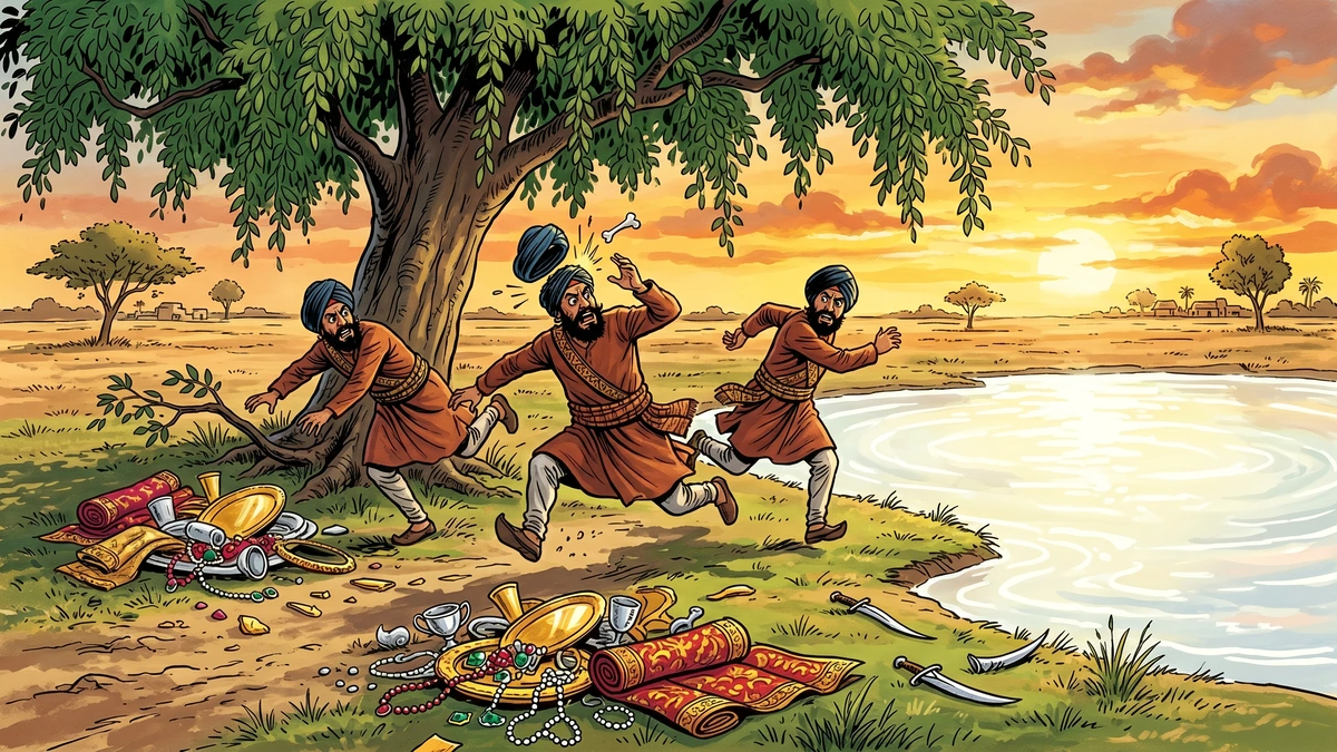 Three Punjabi robbers in dark turbans flee in panic, scattering golden dishes and jewels, as a small white anklebone falls from the ban tree — Little Anklebone