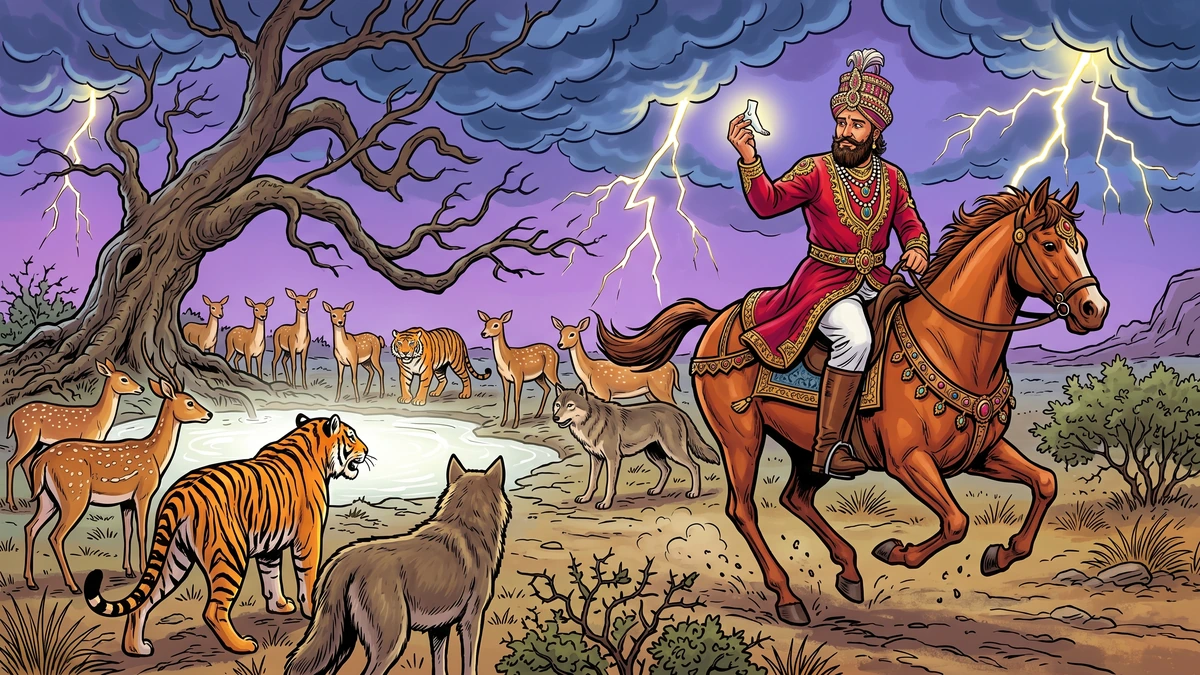 A bearded Punjabi king in red coat gallops on horseback through a stormy plain holding aloft the singing anklebone, lightning above, does and tigers watching from the milken pond — Little Anklebone