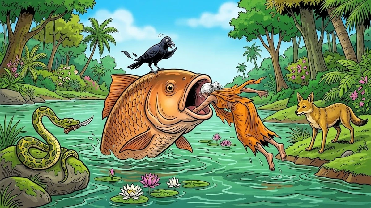 Beat II — Lailí leaps into the Rohu fish at the Bhágíratí Ganges, watched by crow, jackal, and serpent, ACK style