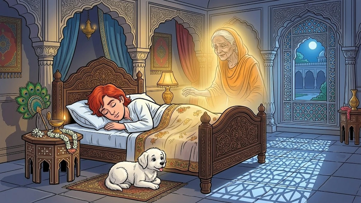 Beat III — Prince Majnún sleeps with the little white dog Lailí at his feet, ACK style