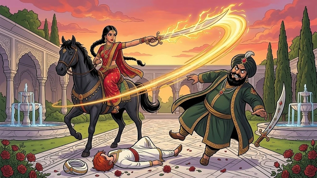 Beat IV — Lailí beheads the wicked Rájá Chumman Básá with her folding sun-knife, ACK style