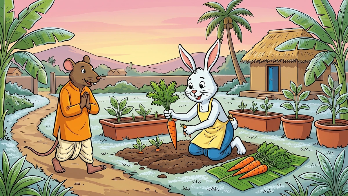 Mr. Bunny pulling four carrots in his Indian village garden as Mr. Rat arrives — ACK style