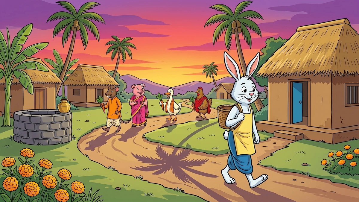 Mr. Bunny walks home empty-pawed at sunset, friends each carrying one carrot — ACK style