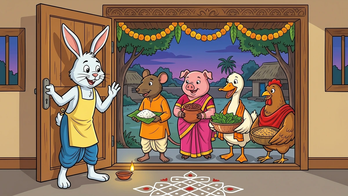 The doorstep procession: Rat, Pig, Duck and Hen arrive bearing rice, beans, greens and barley — ACK style
