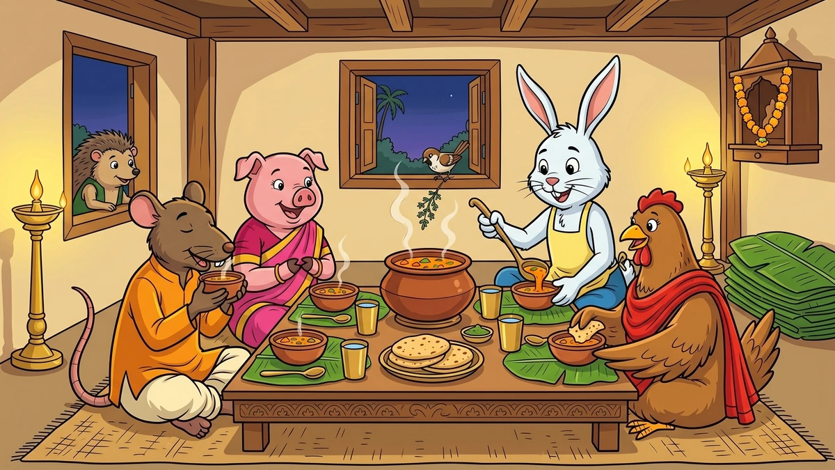 Five friends share carrot soup at Mr. Bunny's table while a hedgehog peers in — ACK style