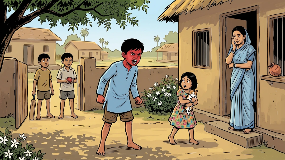 Nails In The Fence — angry boy mid-shout in the village courtyard (scene 1)
