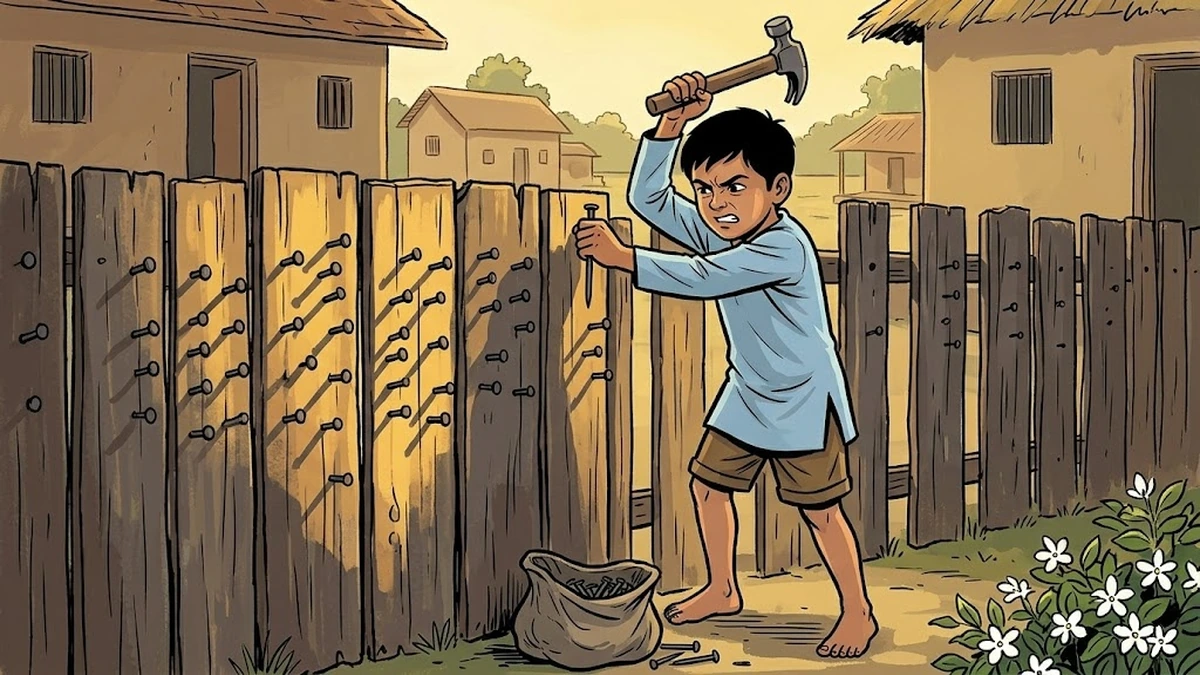 Nails In The Fence — boy hammering a nail into the fence (scene 2)