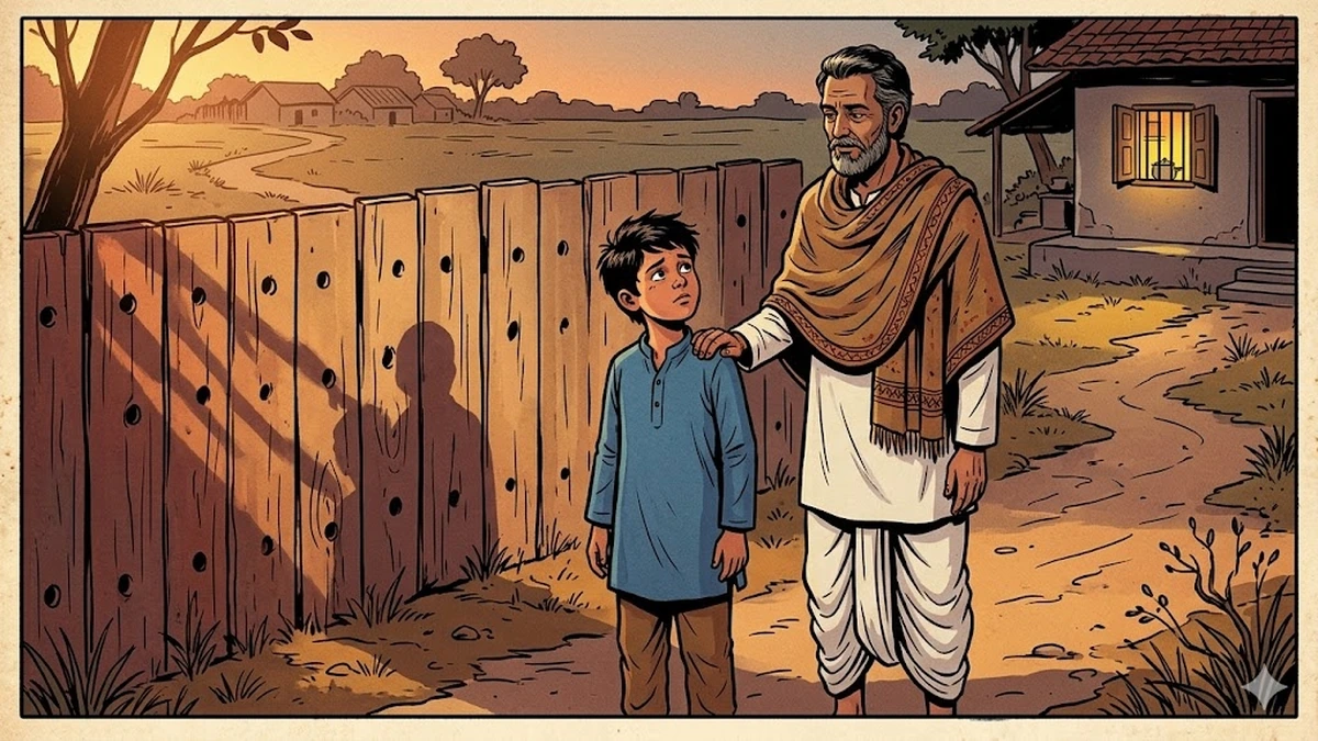 Nails In The Fence — father and son before the bare hole-dotted fence at evening (scene 4)