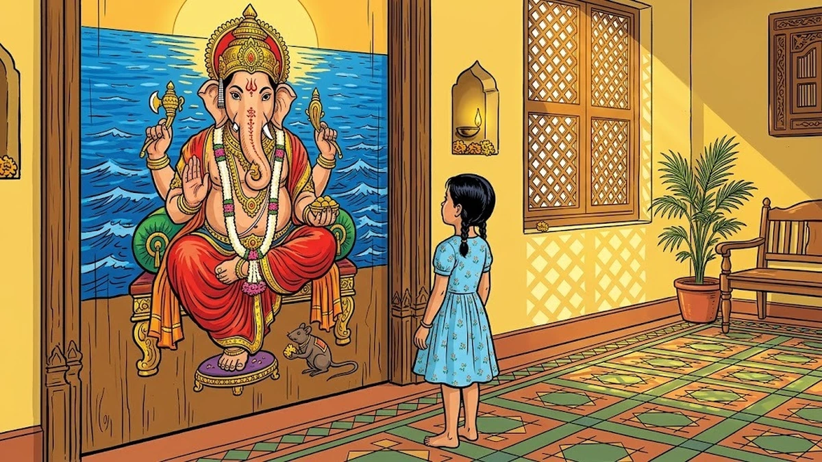 The Nostalgic Mystery — close-up of the painted threshold with Bulbul in pranam