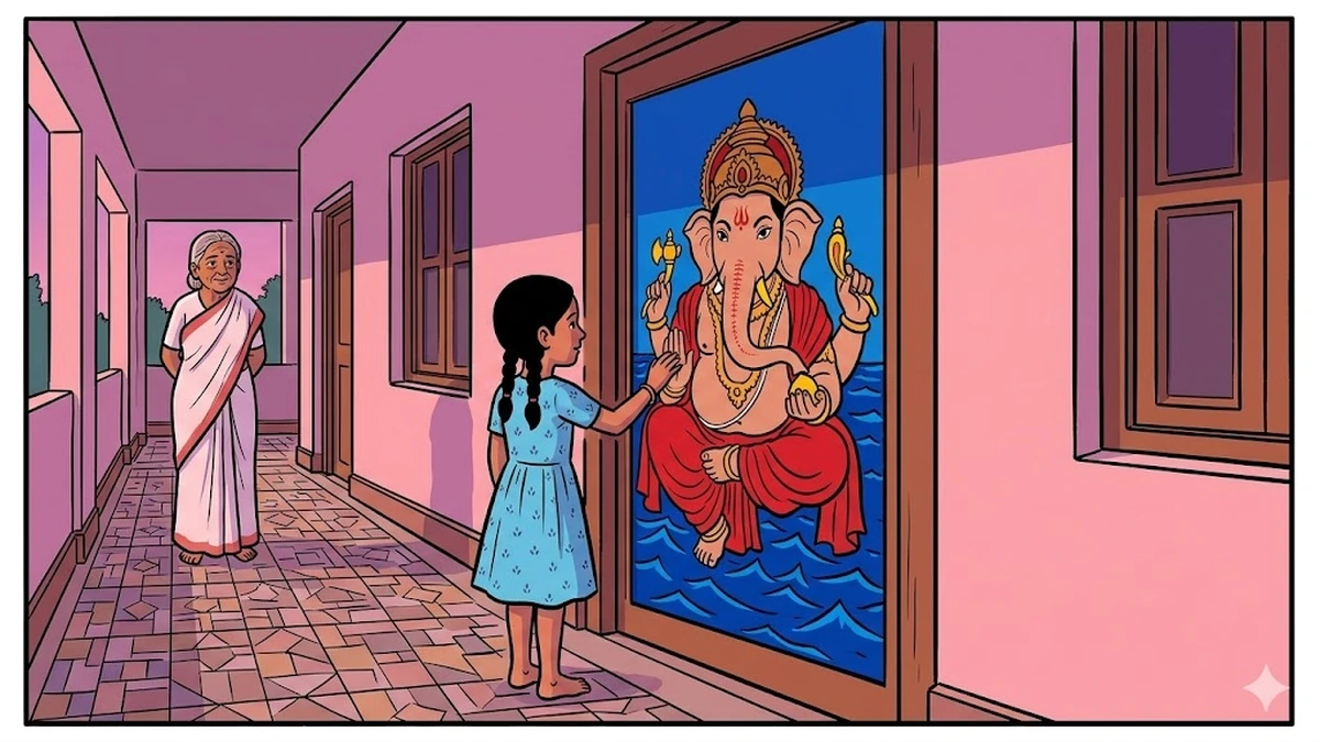 The Nostalgic Mystery — older Bulbul fingertips on the painted door, grandmother watching