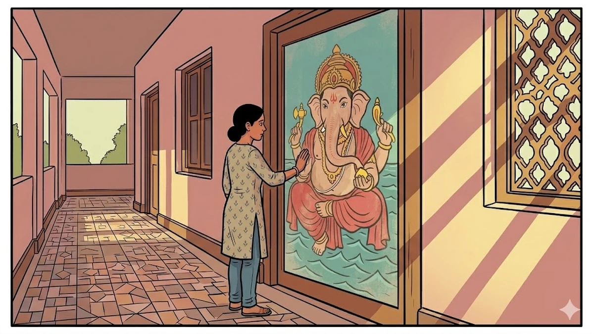 The Nostalgic Mystery — adult Bulbul before the faded door in the empty corridor