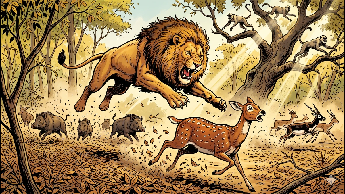 King Sharpfang the lion hunts through the forest, frightened animals scattering