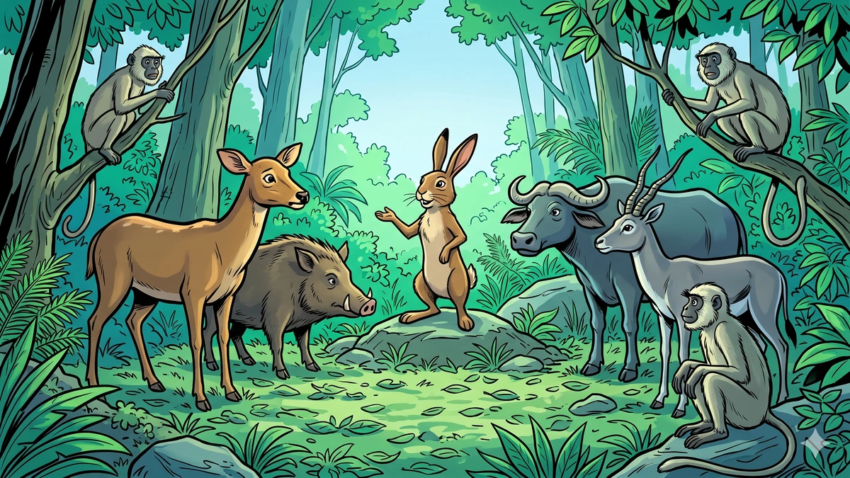 The animals of the forest gather in a glade as the small brown hare speaks