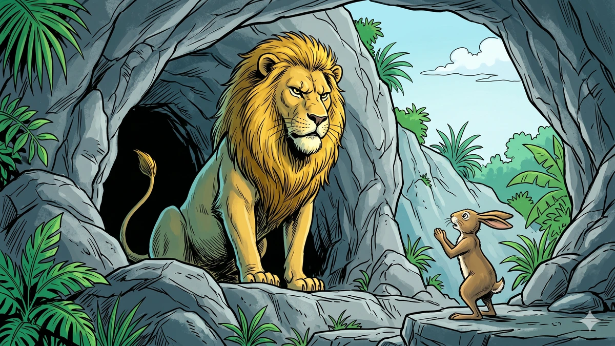 The lion at the mouth of his cave, the hare standing respectfully on the stone ledge