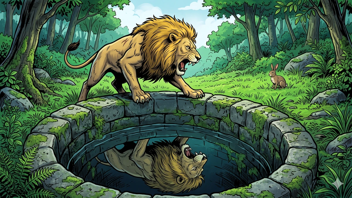 The lion roaring at his own reflection in an old stone well