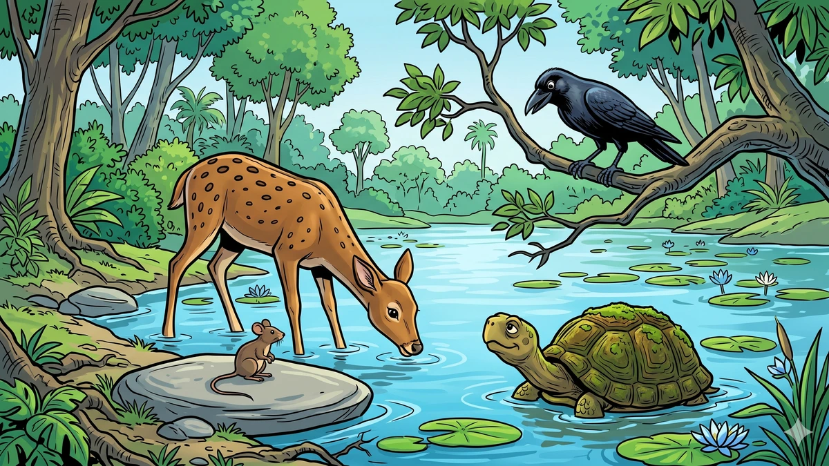 The Four Friends and the Hunter — Mouse, Crow, Tortoise, and Deer at the lake