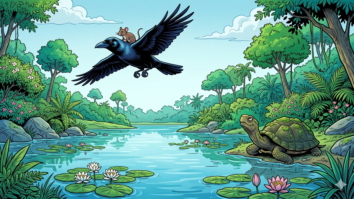 Crow carries the mouse on his back to meet the tortoise at the lake