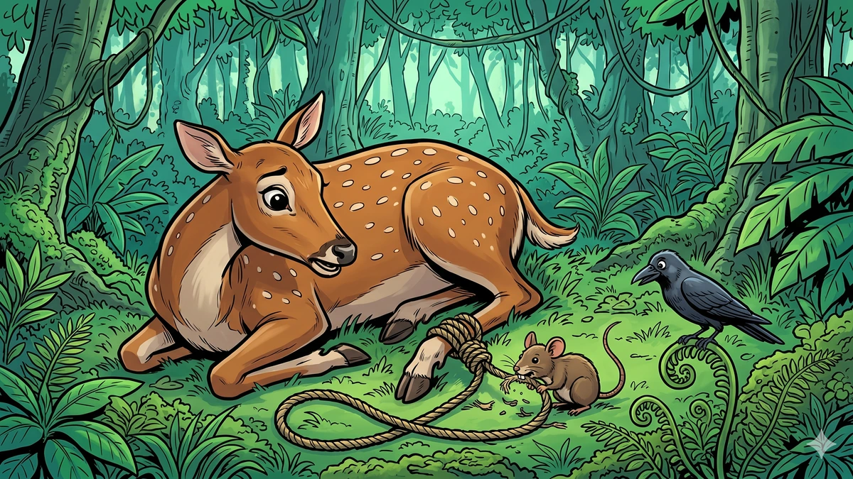 Mouse gnaws through the hunter's rope noose to free the trapped deer