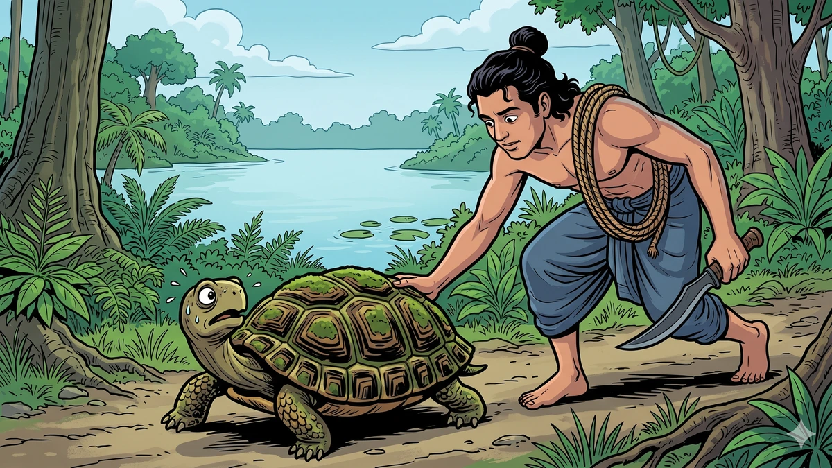 Hunter captures the slow tortoise on the forest path