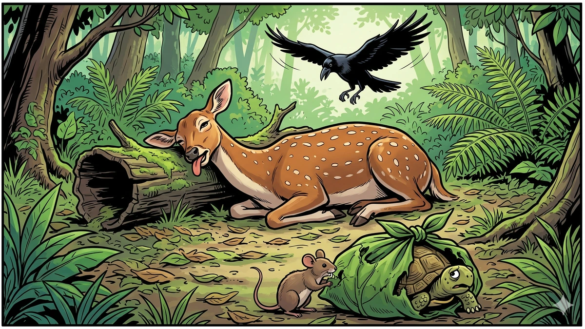 Deer feigns death while the mouse cuts the tortoise free from the leaf sack