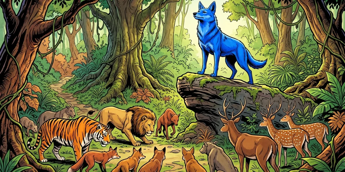 The Blue Jackal – Panchatantra Stories from India with Moral Retold for Modern Readers - Cover - Amar Chitra Katha Style