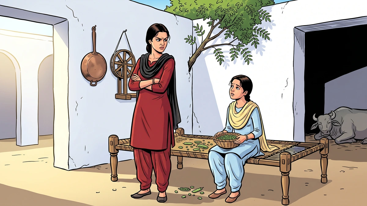 Beansie standing in dark red salwar-kameez and Peasie sitting on charpoy with peas, in a Punjabi village courtyard — Amar Chitra Katha style illustration of the kind and unkind sisters from Flora Annie Steel's Tales of the Punjab