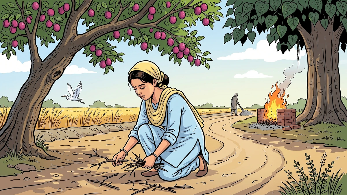 Peasie in pale-blue salwar-kameez kneeling beneath a heavily-laden plum-tree gathering thorny twigs on a Punjab dust cart-track, with the wayside hearth-fire and sacred pîpal tree visible up the road — ACK-style illustration