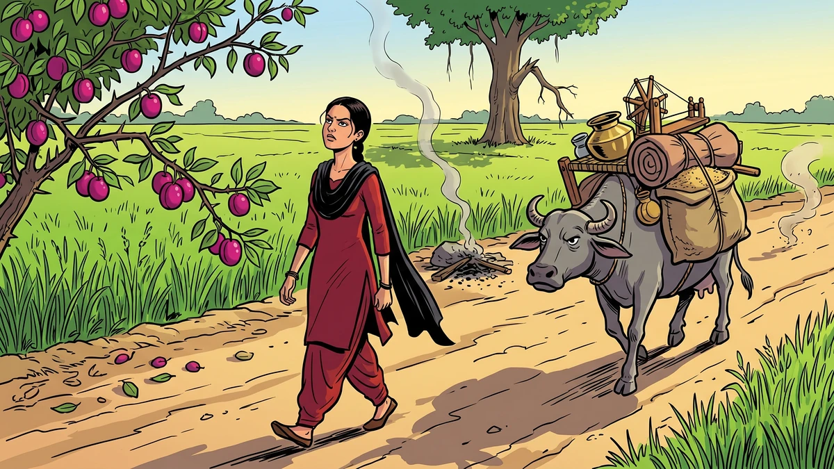 Beansie in dark red striding past the same plum-tree on the dust cart-track with a buffalo loaded with brass pots and a spinning-wheel, ignoring the leaning plum and the choked hearth-fire — Amar Chitra Katha style