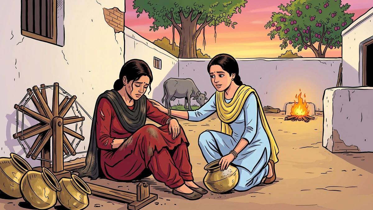 Beansie crumpled on the dust beside dented brass cooking-pots while Peasie kneels beside her in the courtyard at golden-hour, helping dust off a brass pot — reconciliation scene from the Punjabi folk tale Peasie and Beansie
