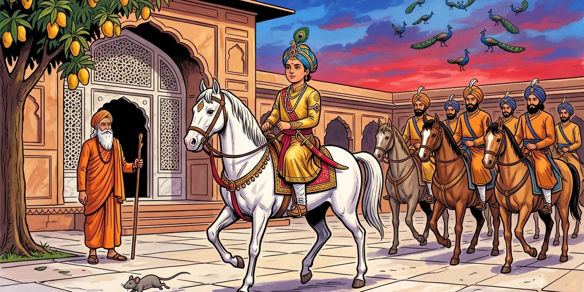Prince Half a Son: Punjabi prince on white horse with faqir under mango tree
