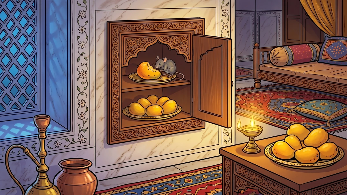 Mouse nibbling mango in royal cupboard — Prince Half-a-Son scene 2