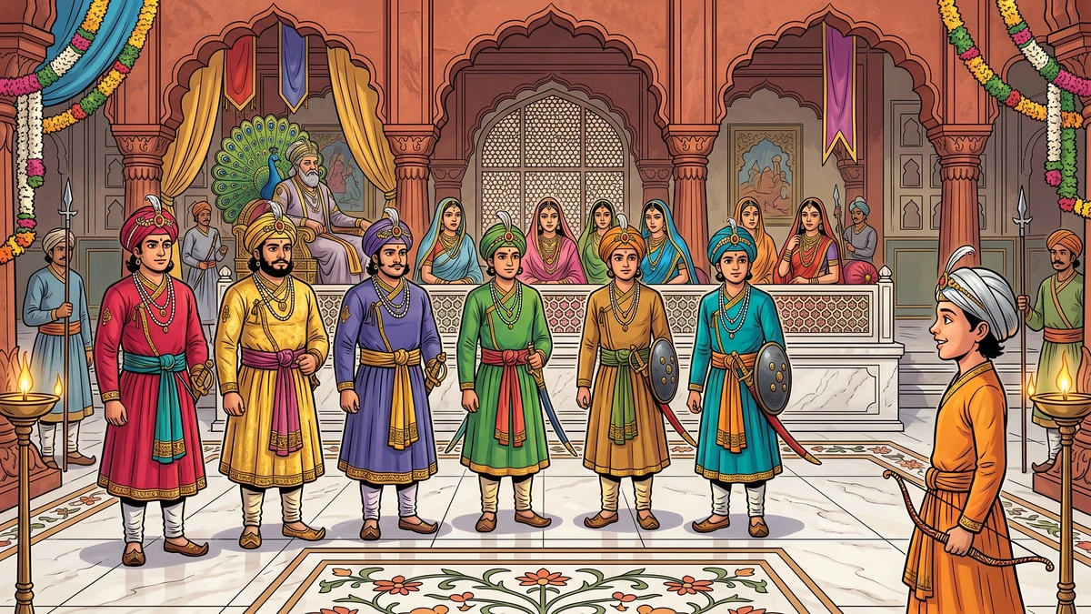Half-a-Son standing with six brothers in palace darbar — Prince Half-a-Son scene 3