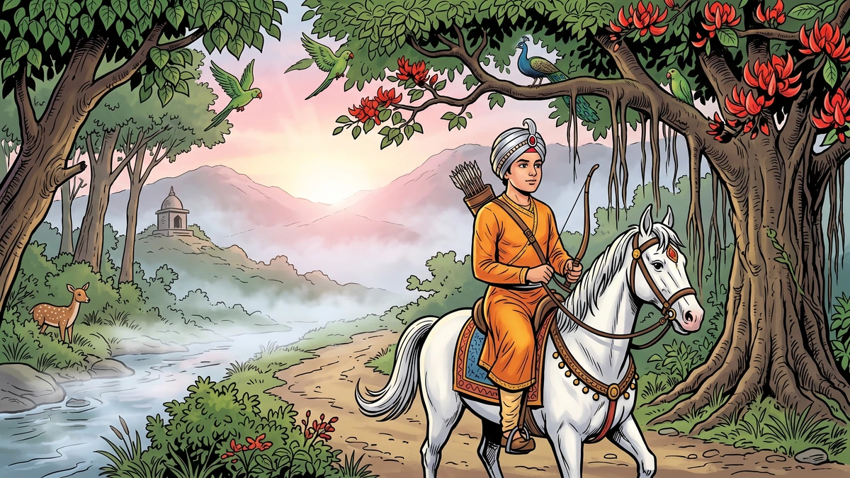 Half-prince rides white pony into the forest at dawn — Prince Half-a-Son scene 4