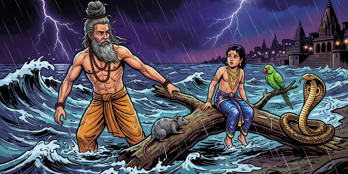 Brahmin hermit Bodhisatta rescuing prince and three grateful animals from stormy monsoon river - Saccankira Jataka
