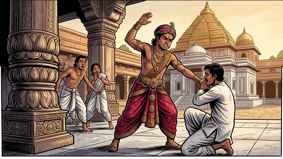 Cruel Prince Wicked striking palace servant in Benares courtyard - ACK illustration