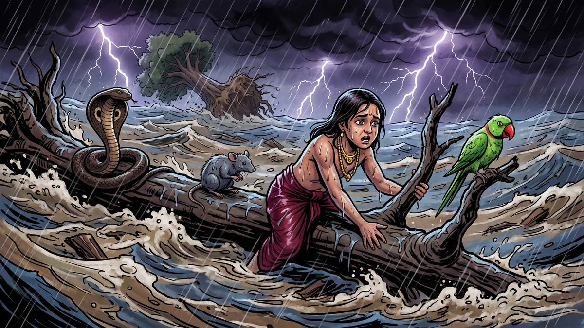 Snake rat parrot and Prince Wicked clinging to floating tree-trunk in flooded Ganges storm