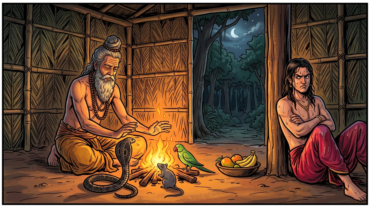Bodhisatta hermit warming animals first beside campfire while prince sulks - Jataka