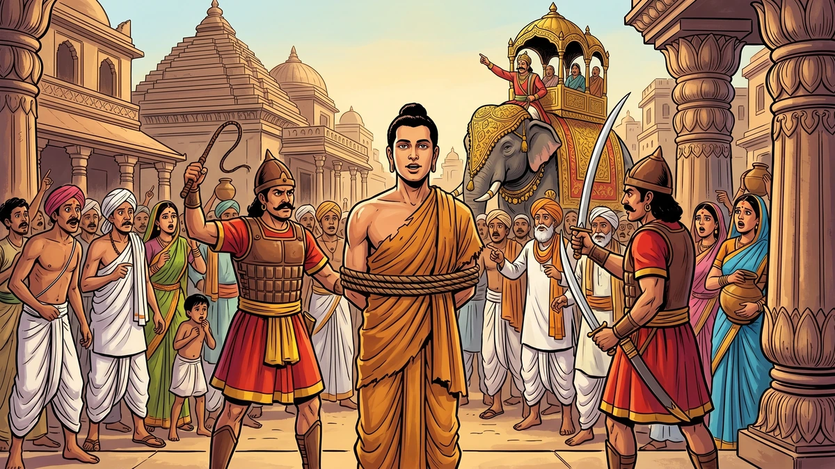 Bodhisatta hermit bound on Benares street reciting verse with elephant-mounted king behind