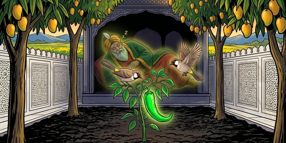 Princess Pepperina with the emerald-green pepper plant beside the sleeping Jinn in a Punjabi walled garden, Amar Chitra Katha style line art.